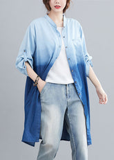 Boho Blau Taschen Knopf Farbverlauf Herbst Denim Trenchcoat Langarm